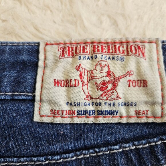 True Religion Women's Blue Supper Skinny Bejeweled Rhinestone Pocket Jeans 24 - Picture 9 of 10